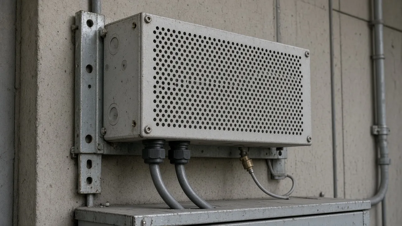 A grey perforated metal resistor enclosure on a steel wall bracket above a cabinet, with two power cables and a thin sensor cable entering from below