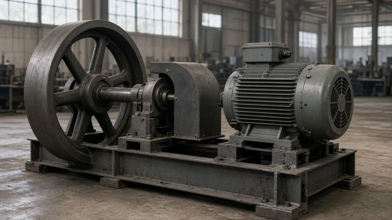 A heavy spoked flywheel on a shaft, coupled through a guarded coupling to a grey three-phase motor on a steel base frame in a factory hall