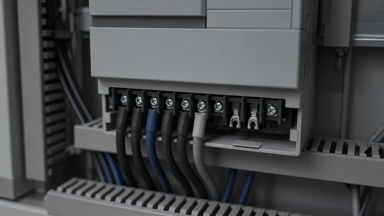 The lower terminal row of a drive inside a cabinet, with heavy power wires on most screw terminals and two terminals left without cables