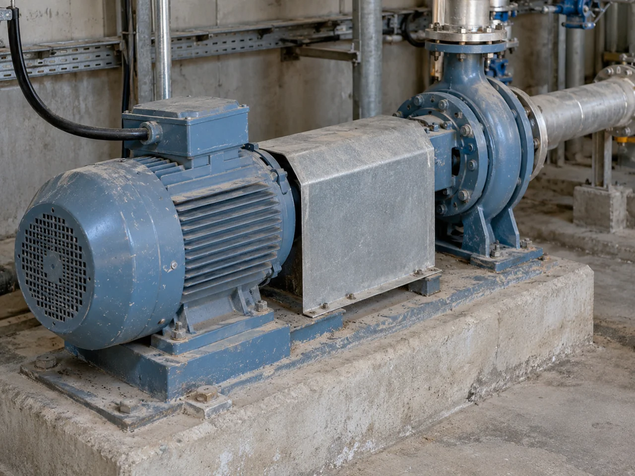An industrial motor connected to a pump through a closed metal coupling guard, with a cable entering the closed motor terminal box