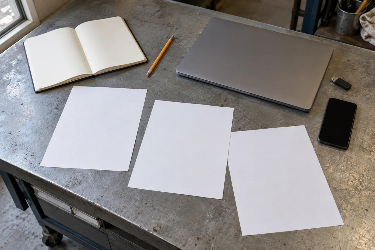 Blank paper and an open notebook beside a closed laptop, USB drive and dark smartphone on a steel workbench