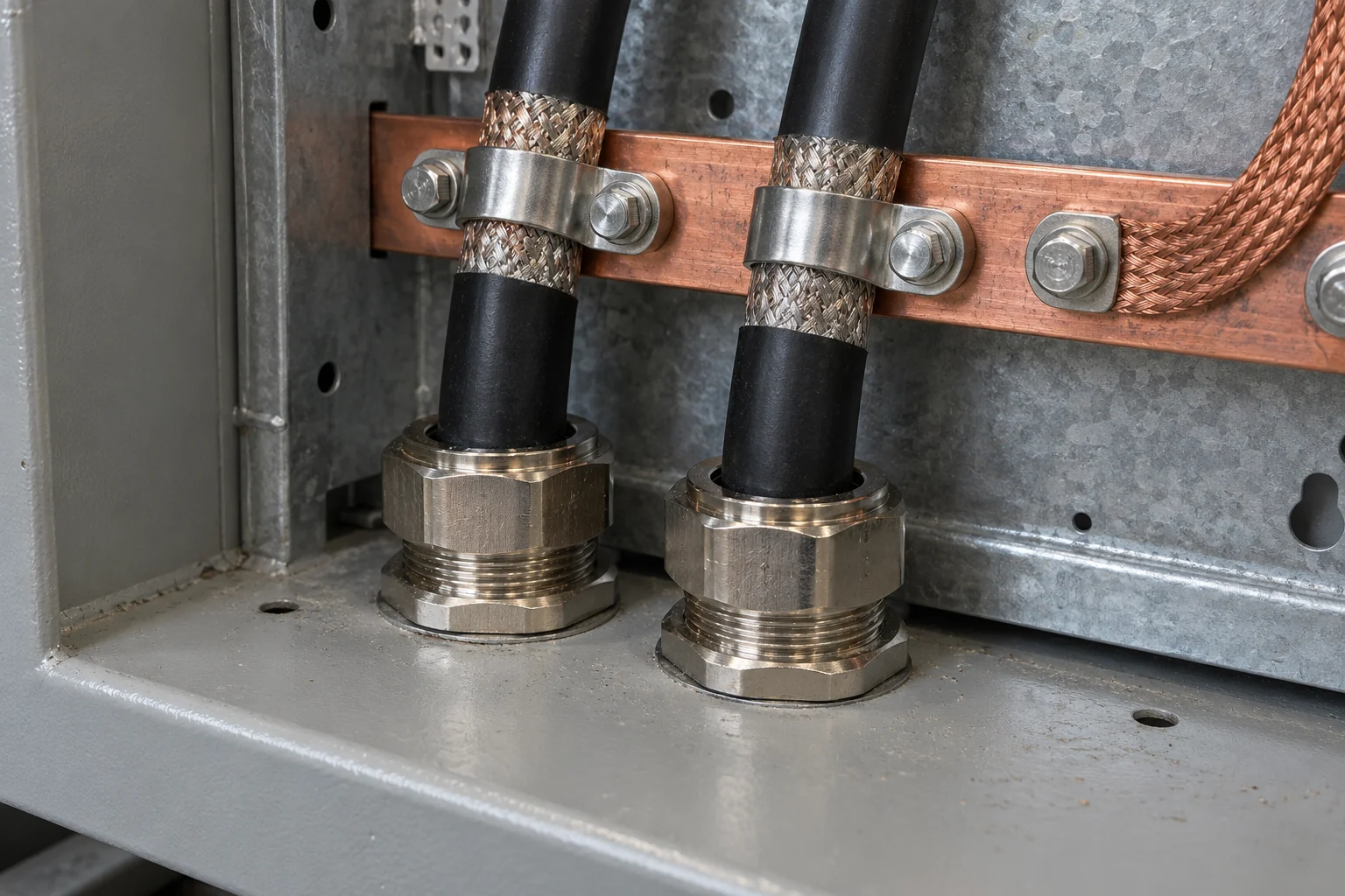 Lower cable entry plate inside a grey steel electrical enclosure showing two brass compression cable glands routing shielded motor cables with exposed braided copper shields clamped to a copper grounding bar