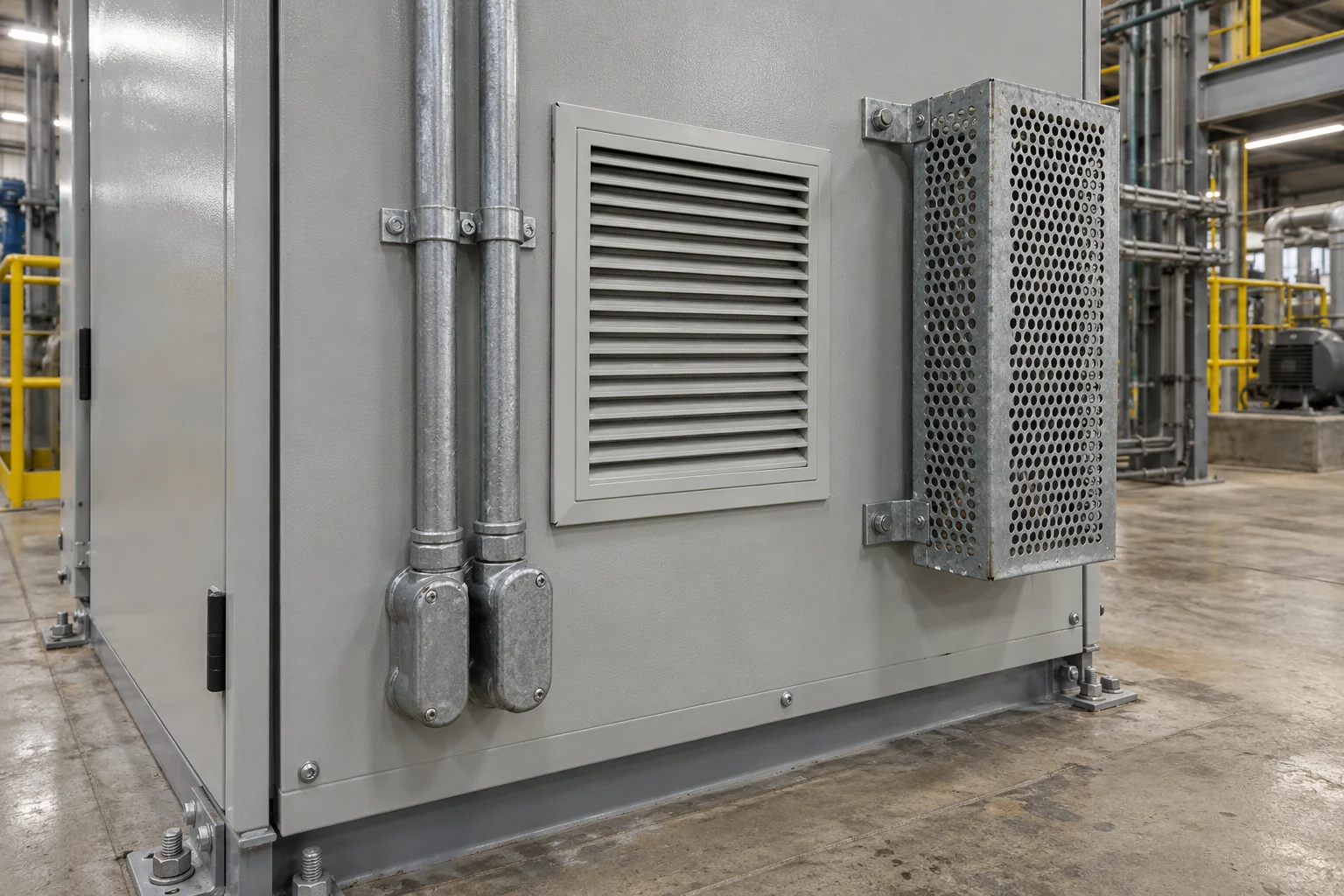 Exterior side wall of a freestanding grey powder-coated steel electrical control cabinet with two rigid galvanized steel conduits, a louvered ventilation filter grille, and a perforated metal resistor guard cage