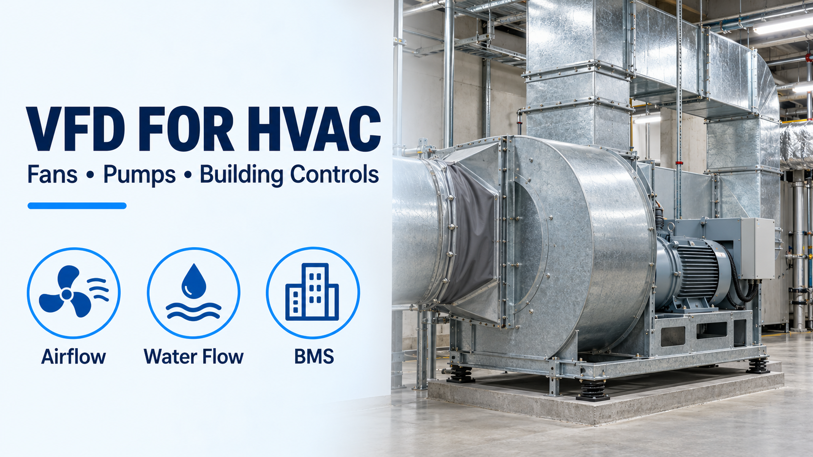 HVAC centrifugal fan and ductwork beside airflow, water-flow and building-management control symbols