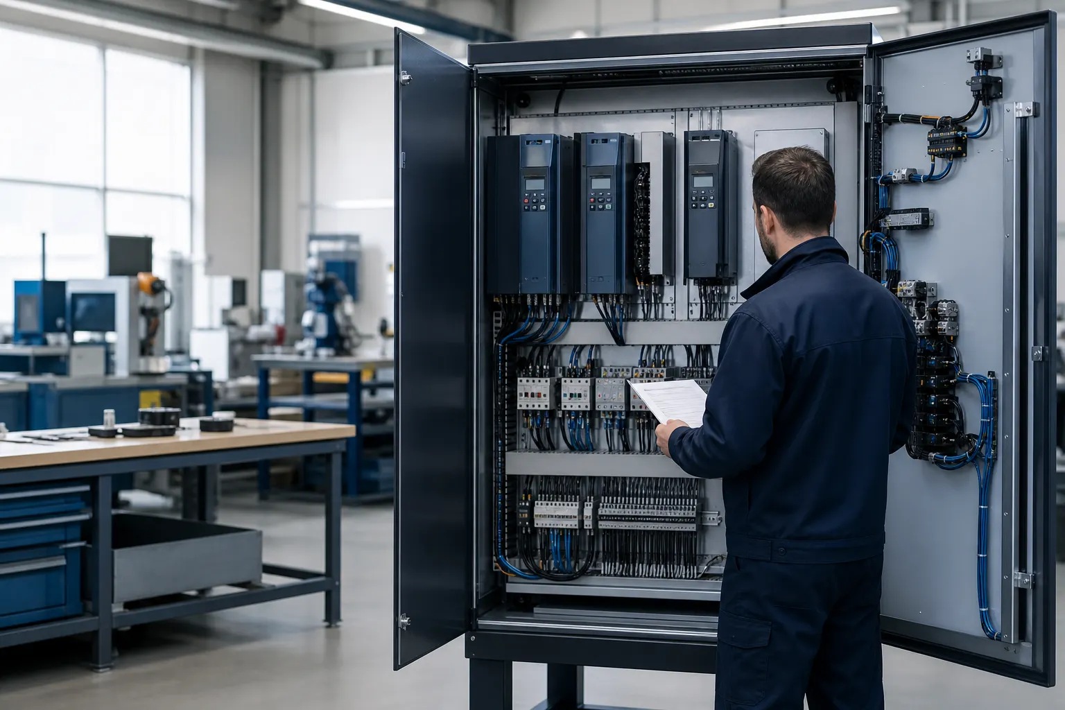 Technician inspecting a VFD control cabinet in an electrical workshop