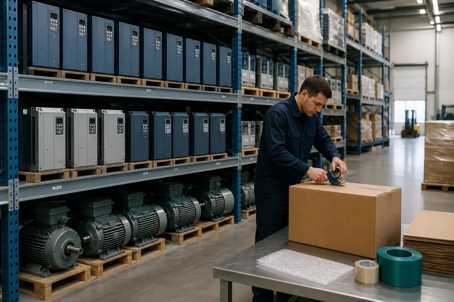 VFDs and electric motors prepared for dispatch in an industrial warehouse